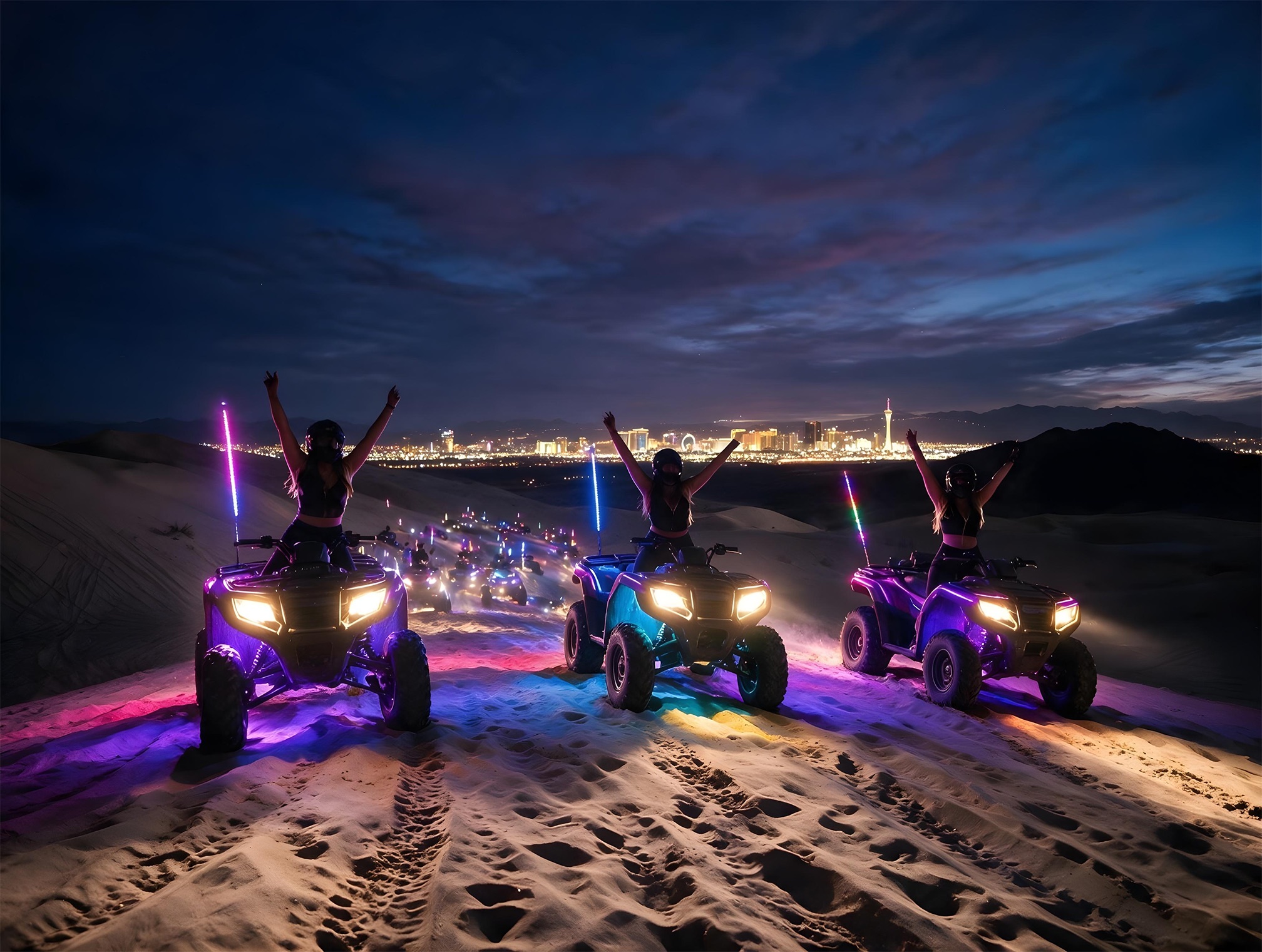 Group of lit quads lined up on the ridge at night