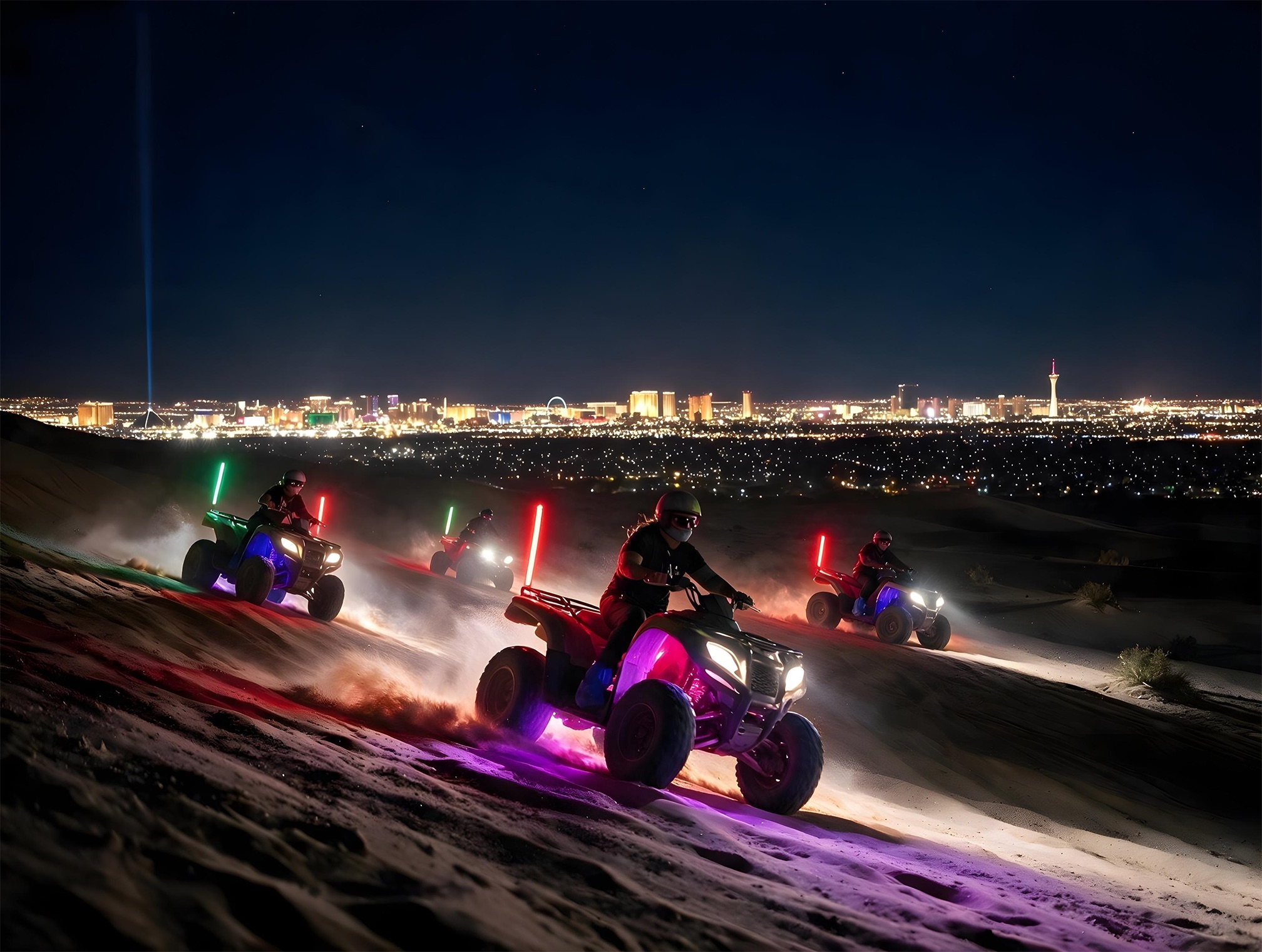 ATV headlights cutting through dust after dark