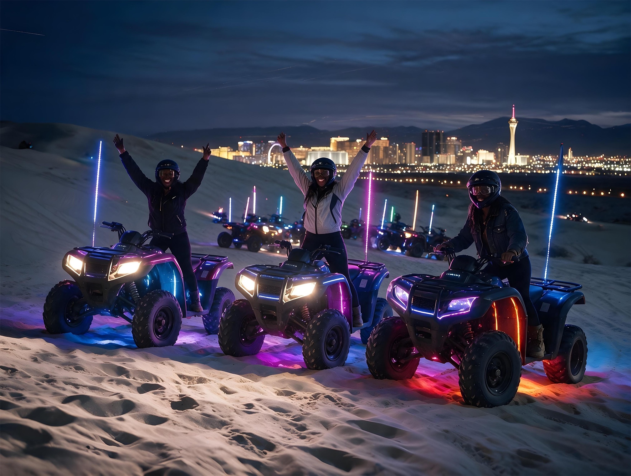 Neon light whips glowing over the dunes